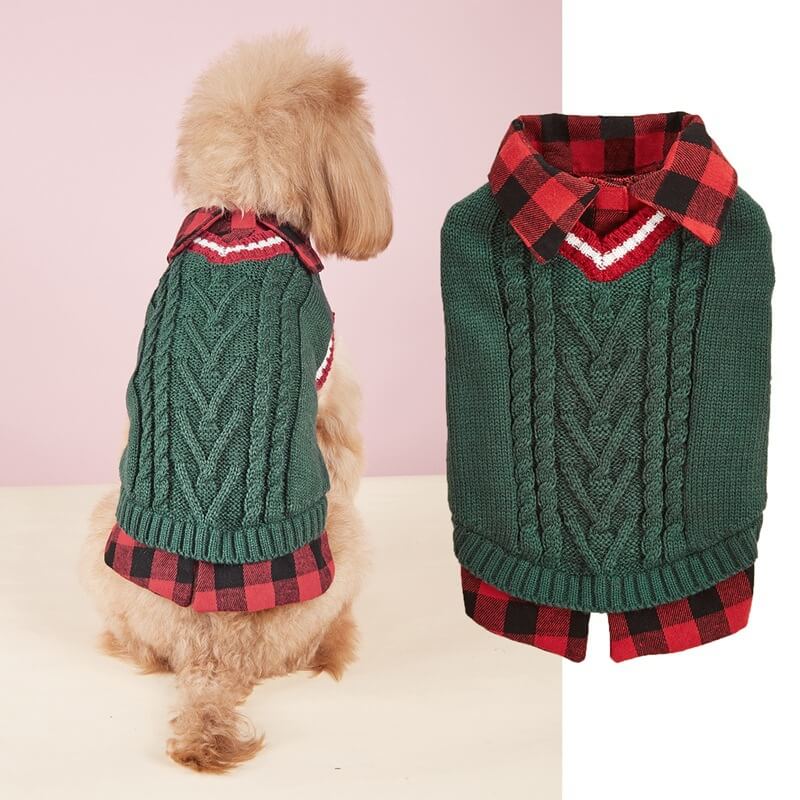 Plaid Collar Cable Knit Dog Sweater Vest – Warm & Stylish for Fall and Winter