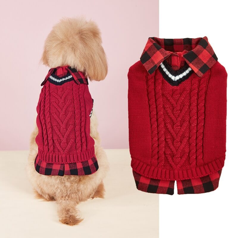 Plaid Collar Cable Knit Dog Sweater Vest – Warm & Stylish for Fall and Winter