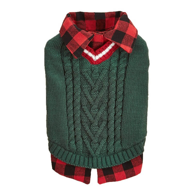 Plaid Collar Cable Knit Dog Sweater Vest – Warm & Stylish for Fall and Winter