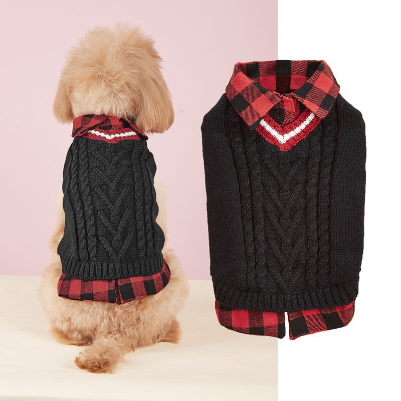 Plaid Collar Cable Knit Dog Sweater Vest – Warm & Stylish for Fall and Winter