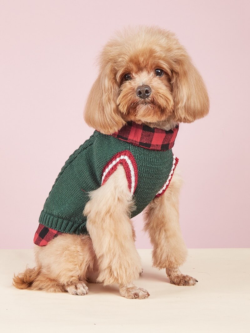 Plaid Collar Cable Knit Dog Sweater Vest – Warm & Stylish for Fall and Winter