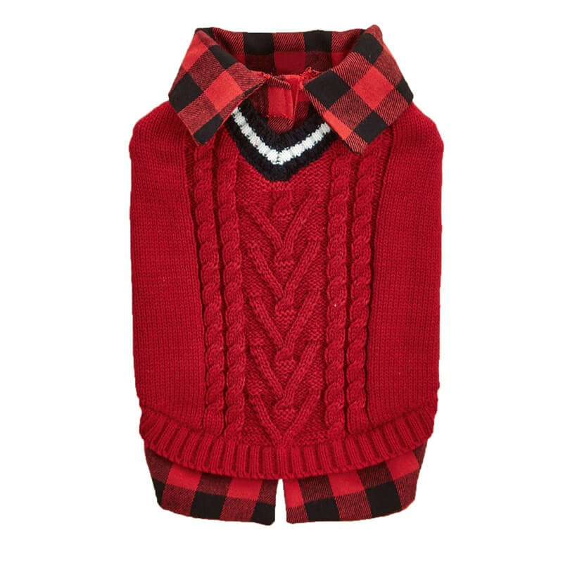 Plaid Collar Cable Knit Dog Sweater Vest – Warm & Stylish for Fall and Winter