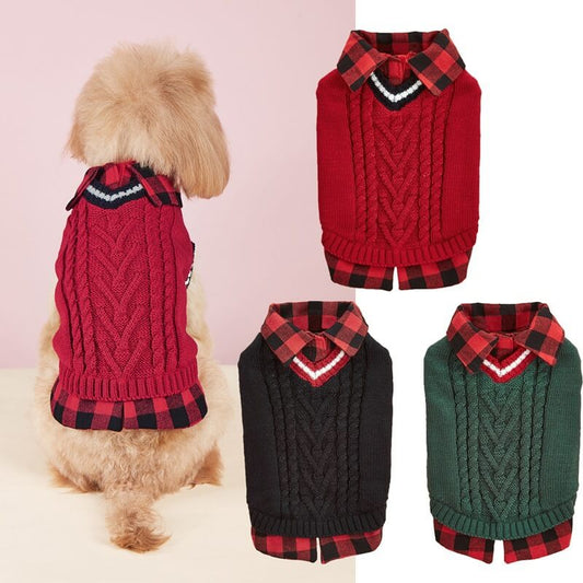 Plaid Collar Cable Knit Dog Sweater Vest – Warm & Stylish for Fall and Winter