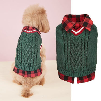 Plaid Collar Cable Knit Dog Sweater Vest – Warm & Stylish for Fall and Winter