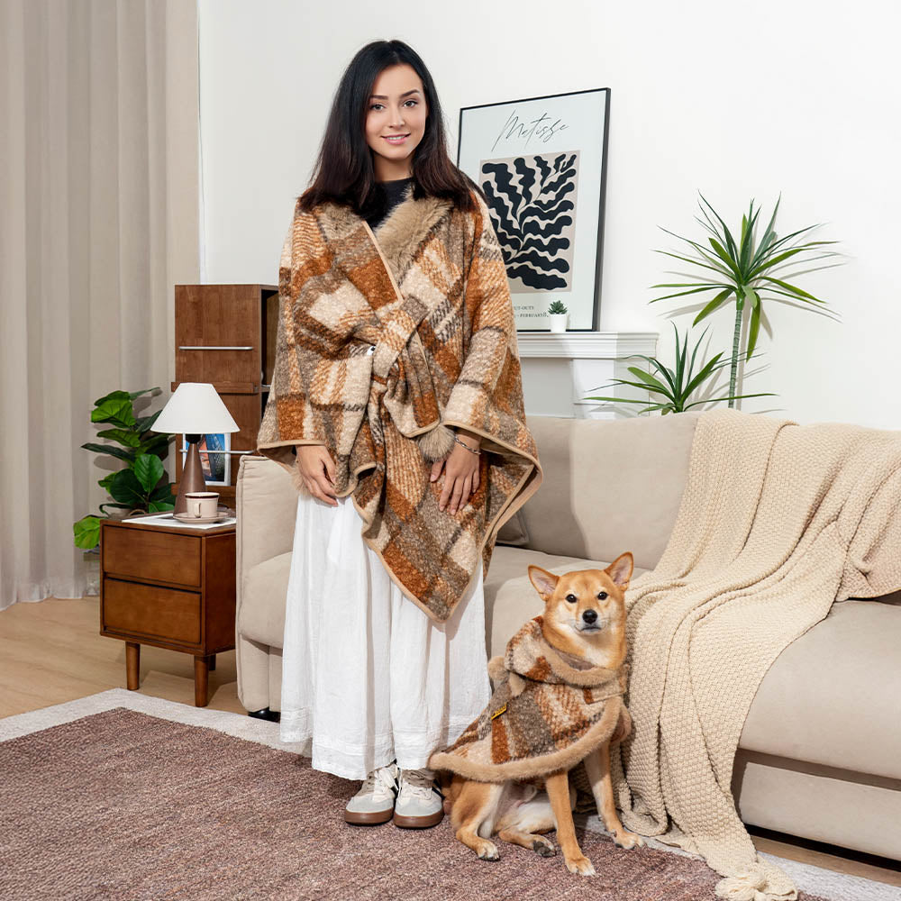 CozyBond™ Matching Plaid Poncho – Stylish Warmth for You & Your Pup