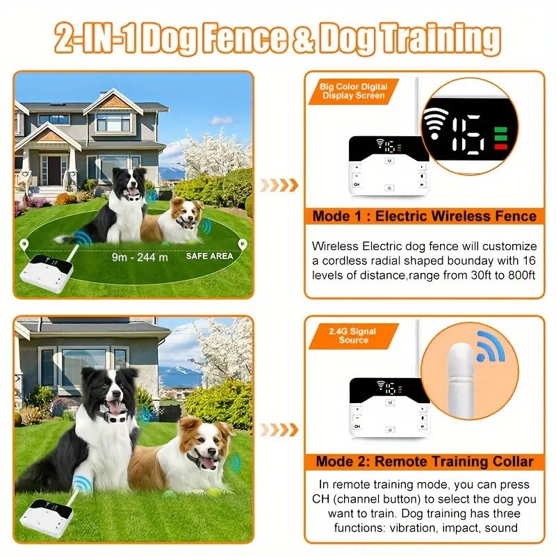 PawsGuard 2-in-1 Wireless Dog Fence & Training Collar - 9 Meters to 244 Meters Radius