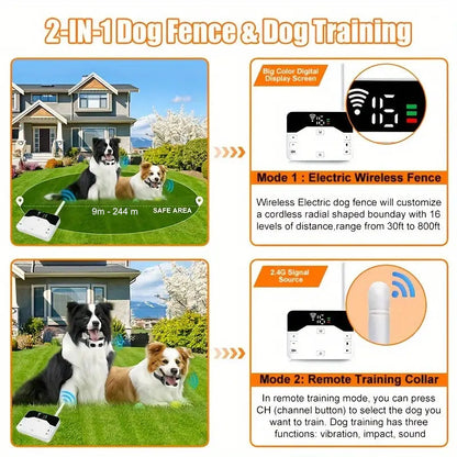 PawsGuard 2-in-1 Wireless Dog Fence & Training Collar - 9 Meters to 244 Meters Radius