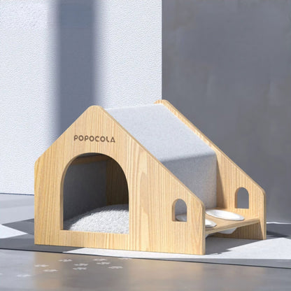 CozyPaws Haven: Wooden Pet House with Built-in Double Bowl Design