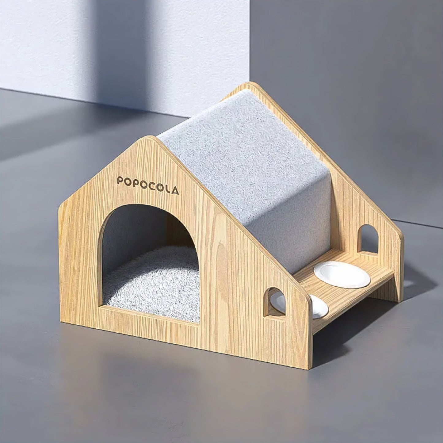 CozyPaws Haven: Wooden Pet House with Built-in Double Bowl Design